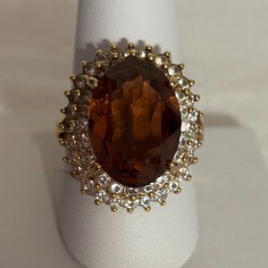 Beautiful Brown Color Ring with Crystals in Gold Tone Setting - size 9.5